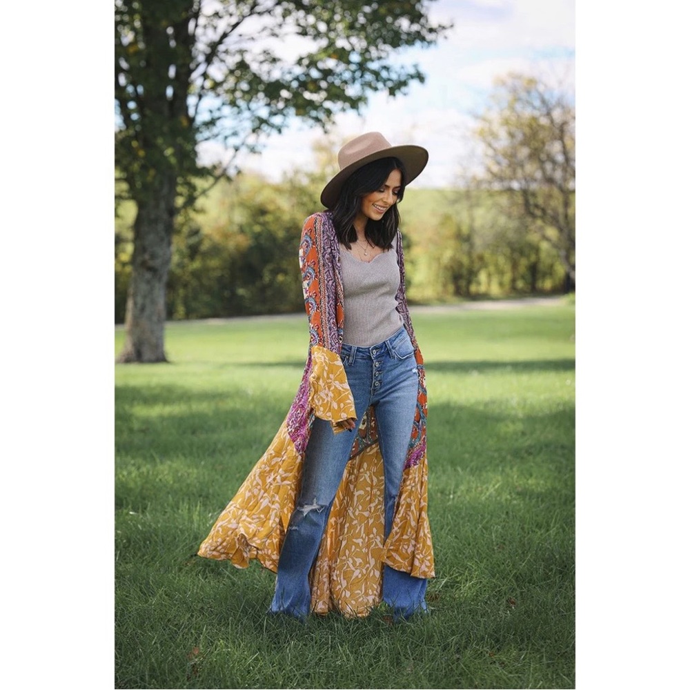 SPARROW PATCHWORK RUFFLED BOHO KIMONO DUSTER - MUSTARD MIX - Picture 2 of 4